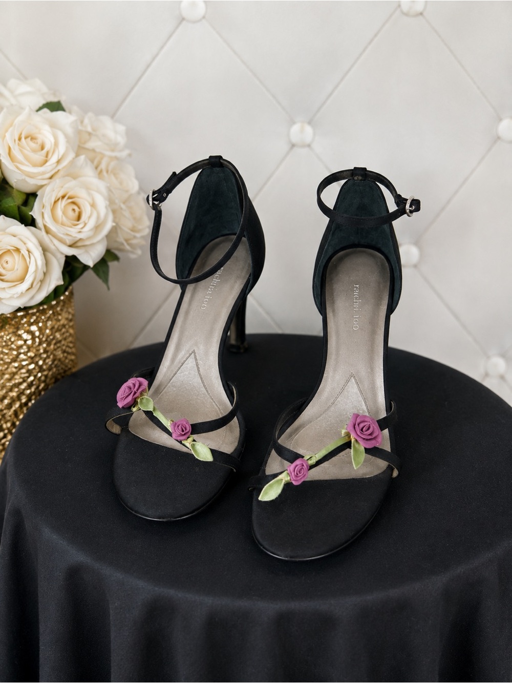 Black Ankle-Strap Heels with Purple Rose Accent